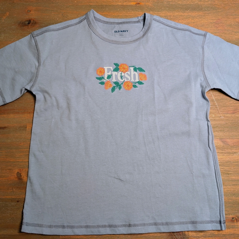 Old Navy 'Fresh' Blue Graphic Tee with Orange Floral Detail